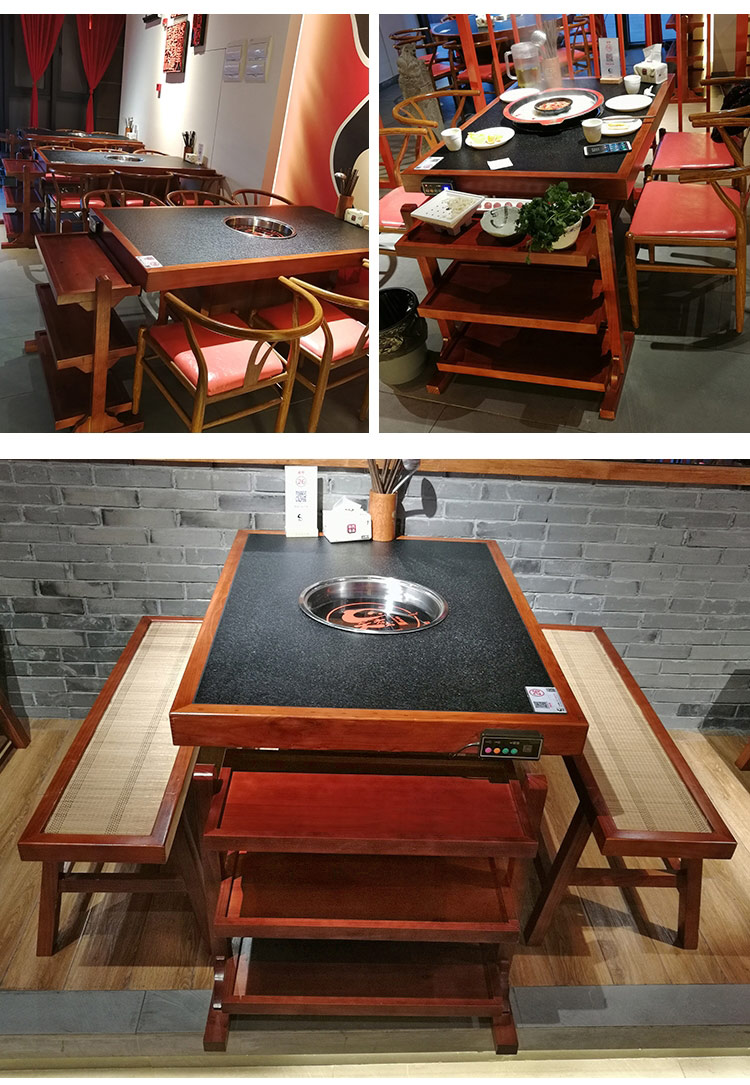 定制大理石火锅桌椅组合煤气灶电磁炉下沉式一体全实木柜式火锅桌